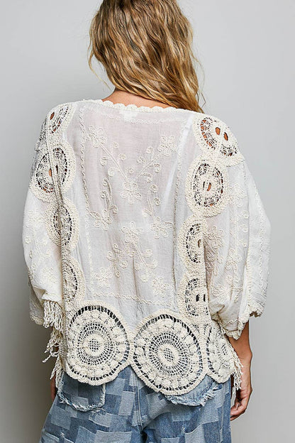 Pol Clothing - Round neck short sleeve floral embroidery top