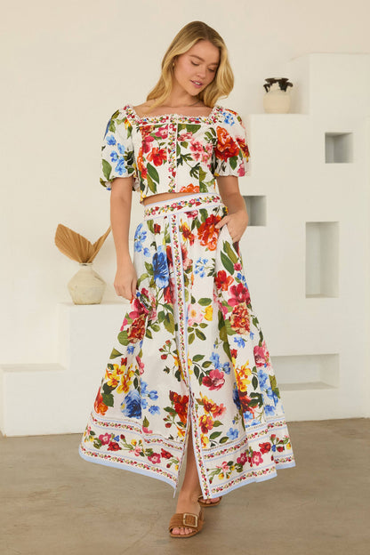 SKIES ARE BLUE Floral Border Print Midi Skirt