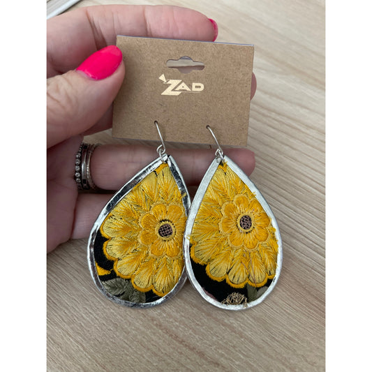 Yellow Flower Embroidery Silver Teardrop Earrings