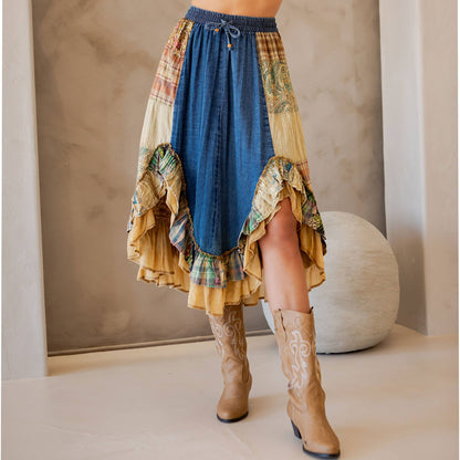 Young Threads Western Boho Chic: Patchwork Midi Skirt