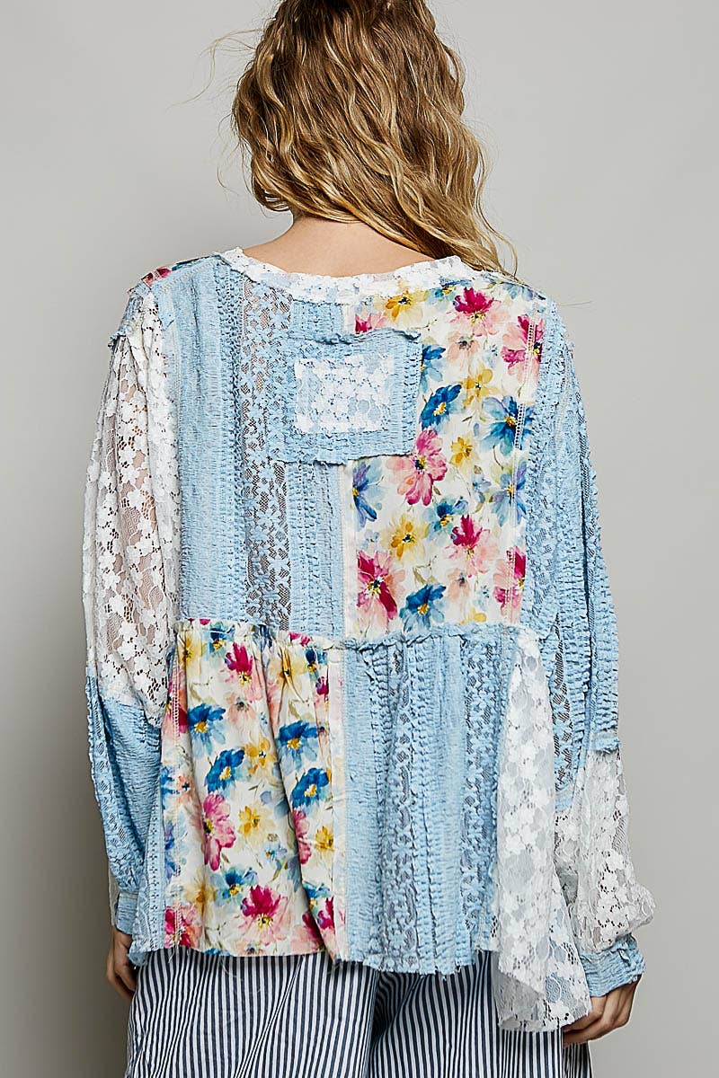 Pol Clothing - Bohemian Lace Outseam Balloon Sleeve Top