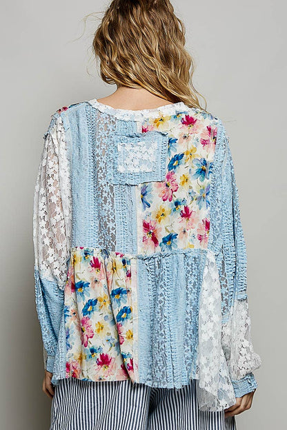 Pol Clothing - Bohemian Lace Outseam Balloon Sleeve Top