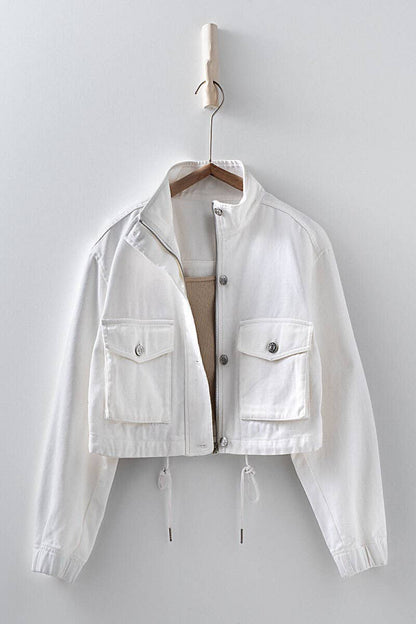 Urban Daizy White Utility Cropped Drawstring Hem Stand Collar Denim Jacket