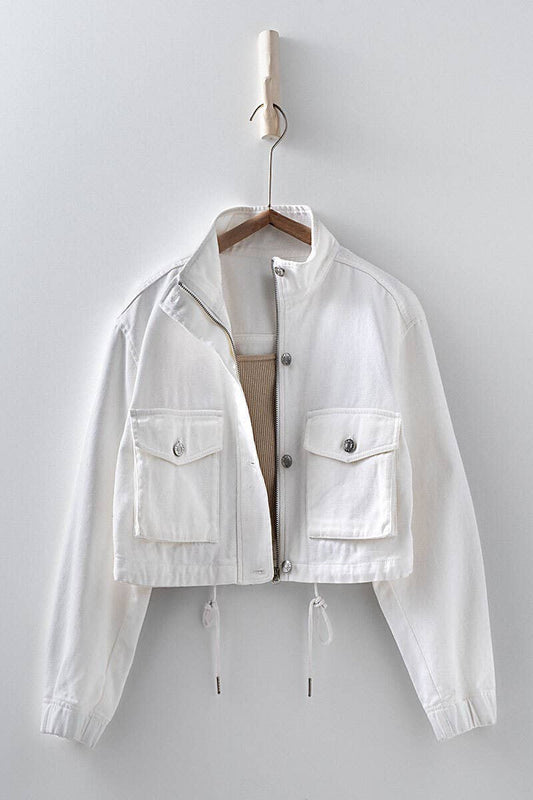 Urban Daizy White Utility Cropped Drawstring Hem Stand Collar Denim Jacket