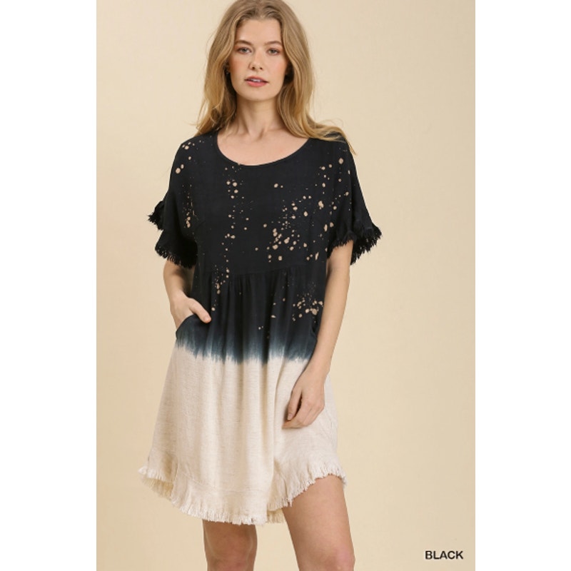 Umgee Linen Blend Pocket Dress with Frayed Hem