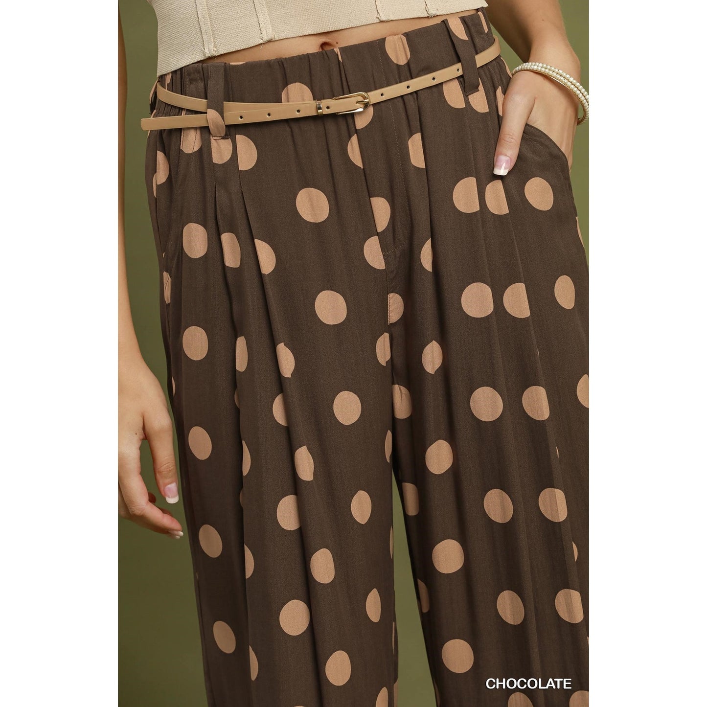 Umgee Chocolate Polka Dot Wide Leg Pull-On Pants