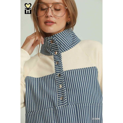 Umgee Solid & Denim Contrast Pullover