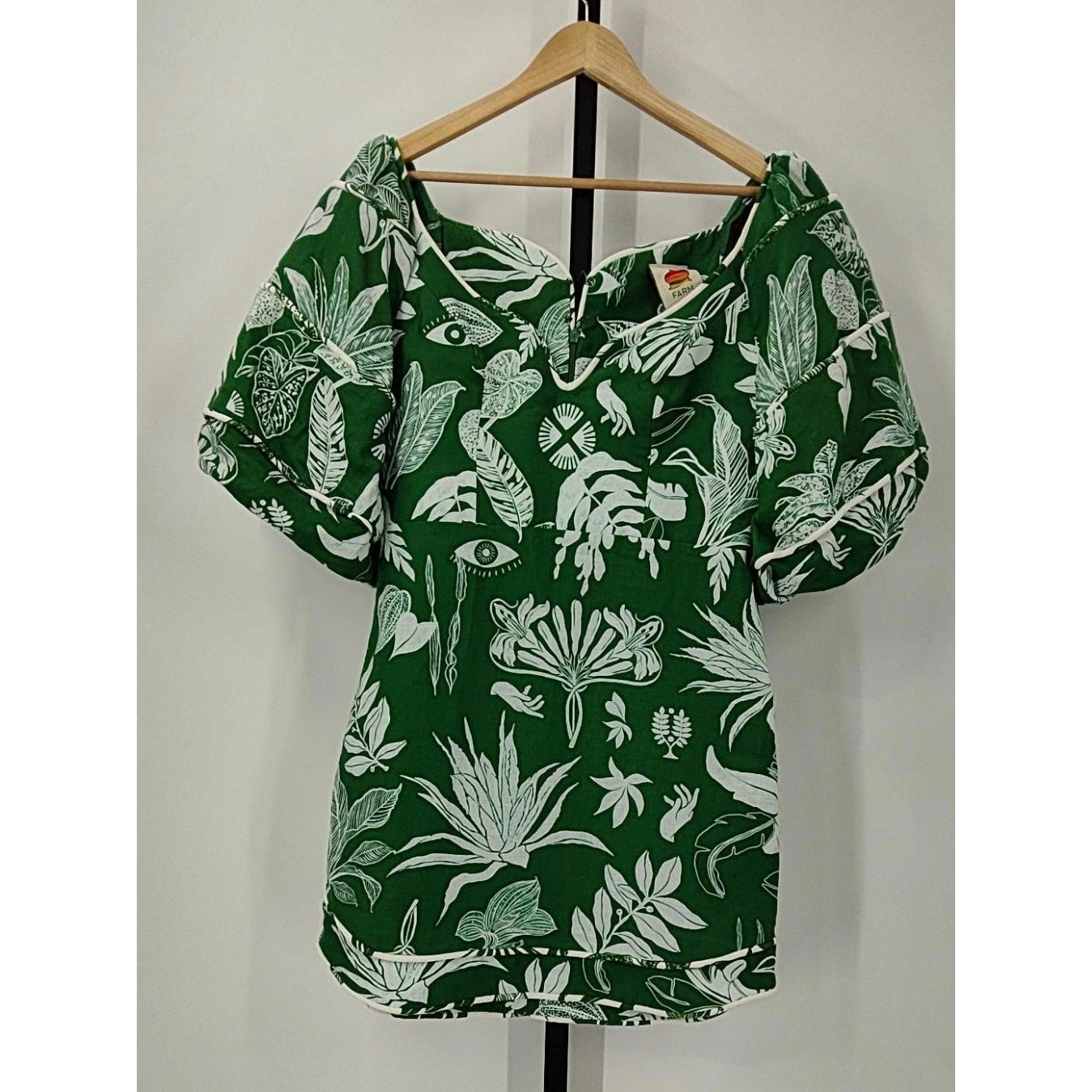 Farm Rio Forest Green & White Soul Linen Mini Dress