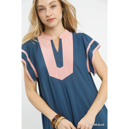 Umgee Linen Contrast Trim Short Sleeve Dress