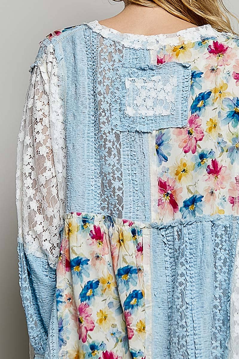 Pol Clothing - Bohemian Lace Outseam Balloon Sleeve Top