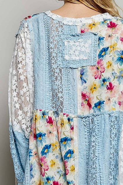 Pol Clothing - Bohemian Lace Outseam Balloon Sleeve Top