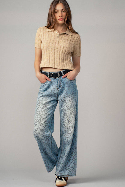 Urban Daizy Leopard Print Wide-Leg Denim Pants