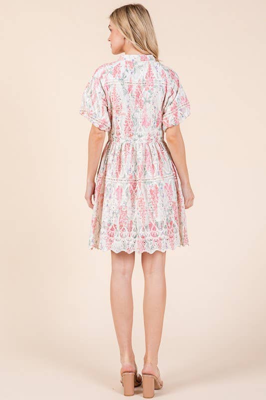 GeeGee x Lovelo Floral Eyelet Lace Mini Shirt Dress