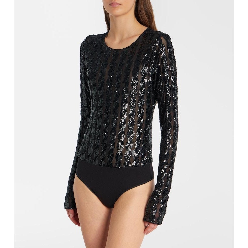 Polo Ralph Lauren Women's Black Sequined Mesh & Jersey Bodysuit
