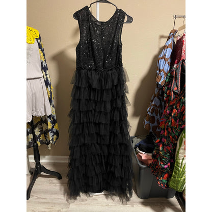 Mac Duggal Ieena Black Sequin Tulle Ruffle Tiered Gown