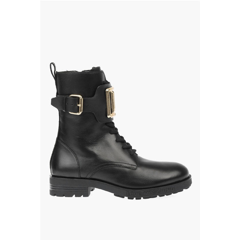 Moschino Women’s Love Leather Combat Boots with Side Zip and Golden Detail