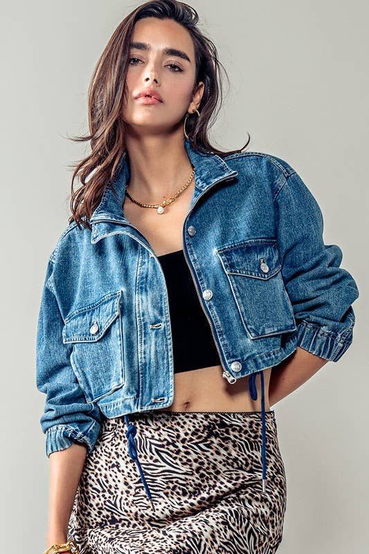 Urban Daizy Utility Cropped Drawstring Hem Stand Collar Denim Jacket