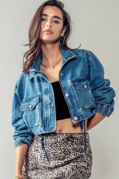 Urban Daizy Utility Cropped Drawstring Hem Stand Collar Denim Jacket