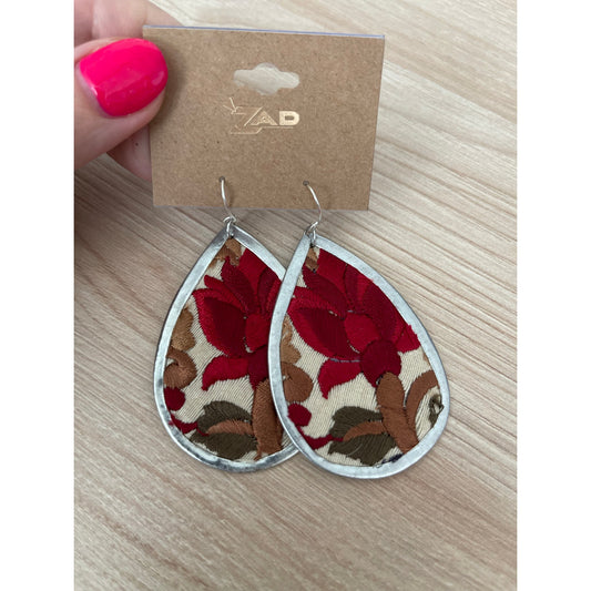 Red Flower Embroidery Silver Teardrop Earrings