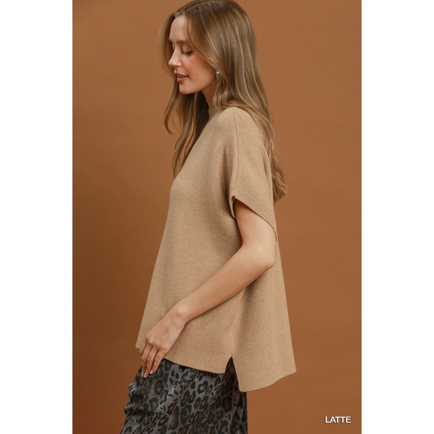 Umgee Latte Mock Neck Short Sleeve Sweater Top