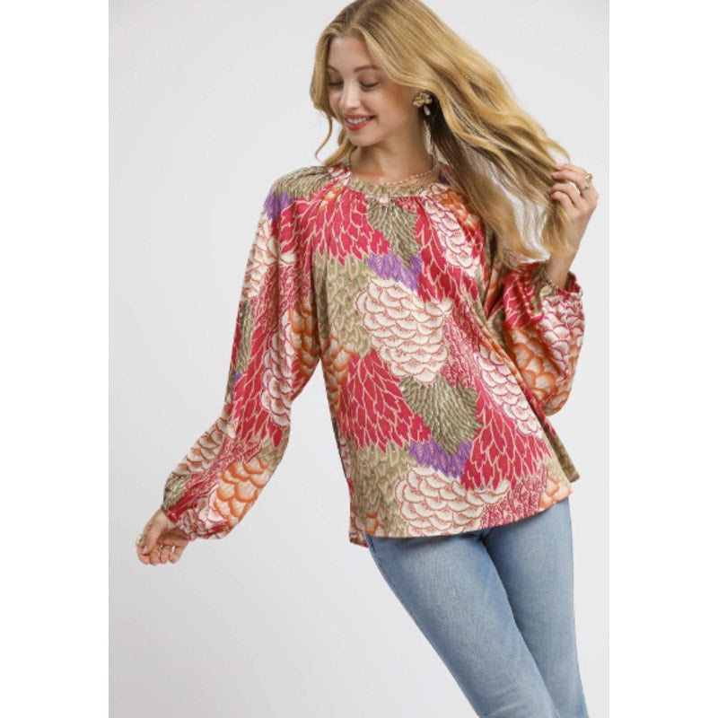 Umgee Boho Feather Print Peasant Blouse