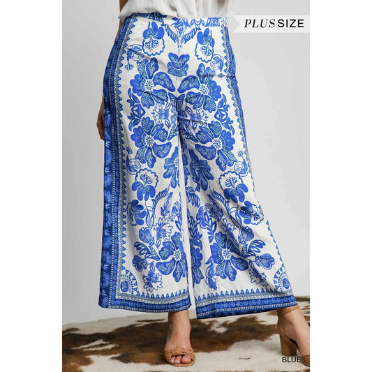 Umgee Blue Floral Wide Leg Pants - Plus