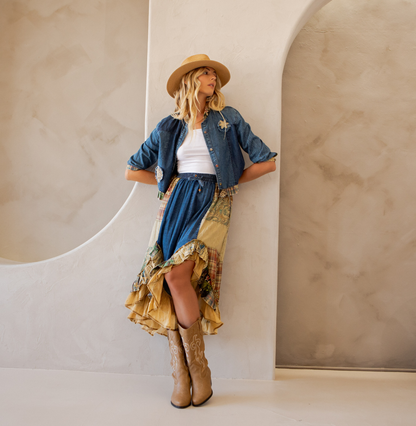 Young Threads Western Boho Chic: Patchwork Cropped Denim Jacket