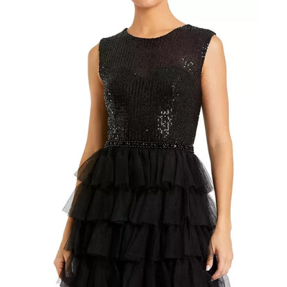 Mac Duggal Ieena Black Sequin Tulle Ruffle Tiered Gown