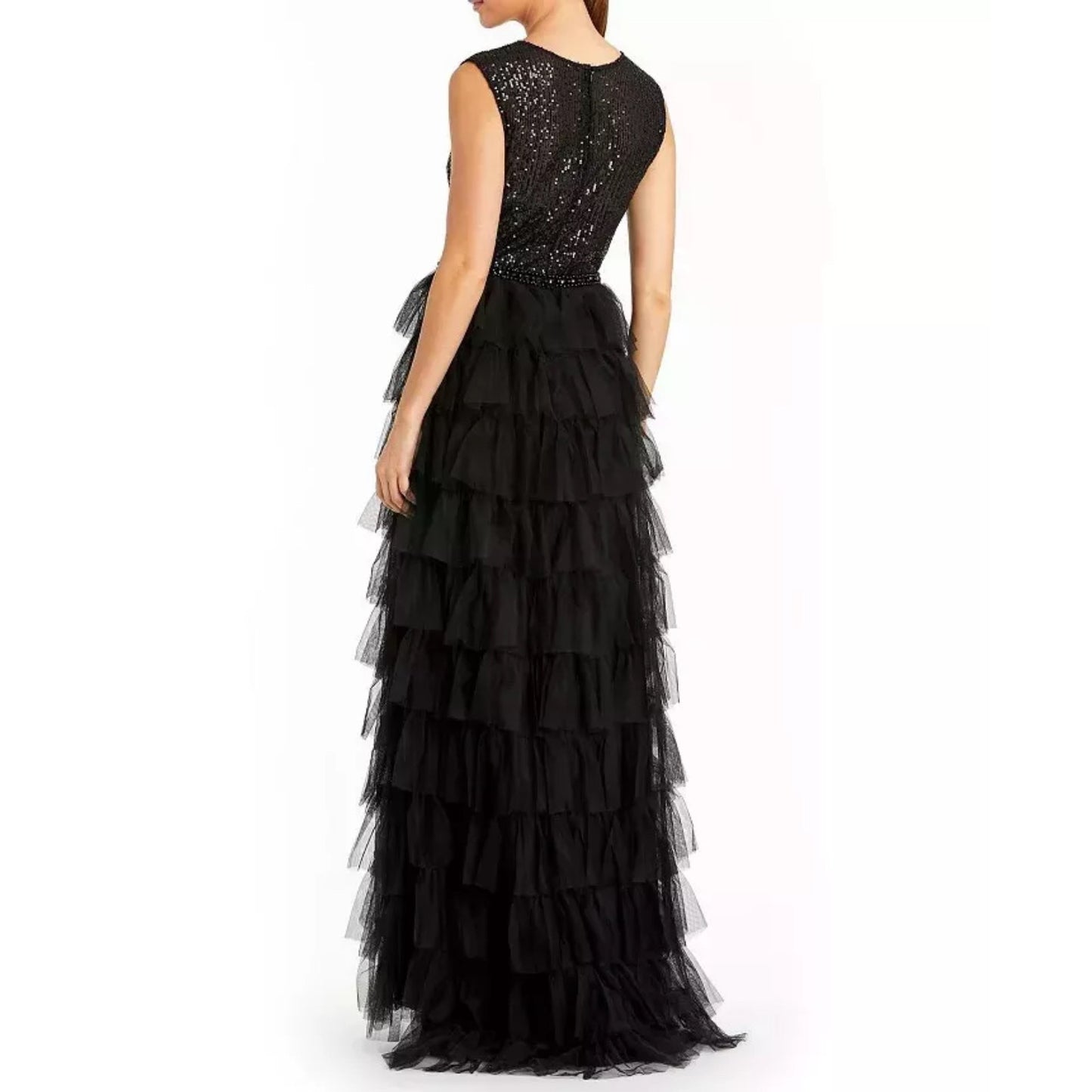 Mac Duggal Ieena Black Sequin Tulle Ruffle Tiered Gown