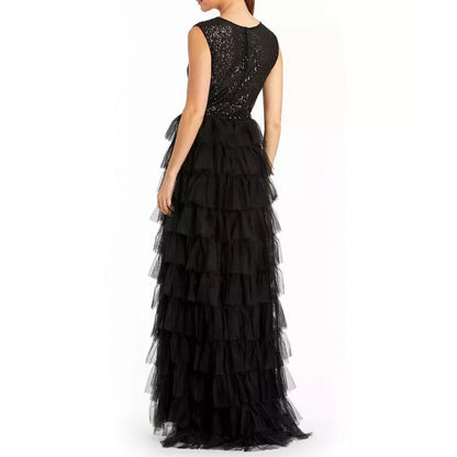Mac Duggal Ieena Black Sequin Tulle Ruffle Tiered Gown