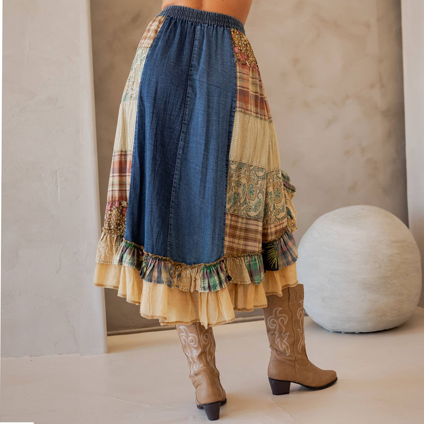 Young Threads Western Boho Chic: Patchwork Midi Skirt