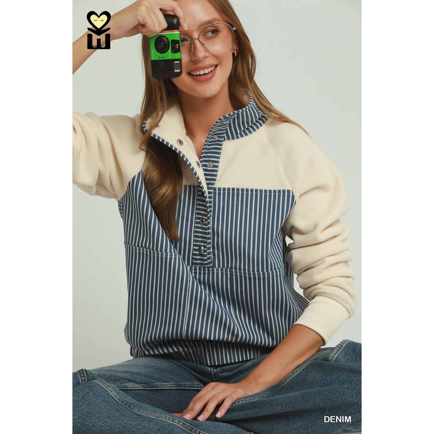 Umgee Solid & Denim Contrast Pullover