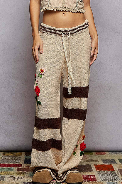 Pol Clothing Striped pattern 3D embroidered detail chenille sweater pants