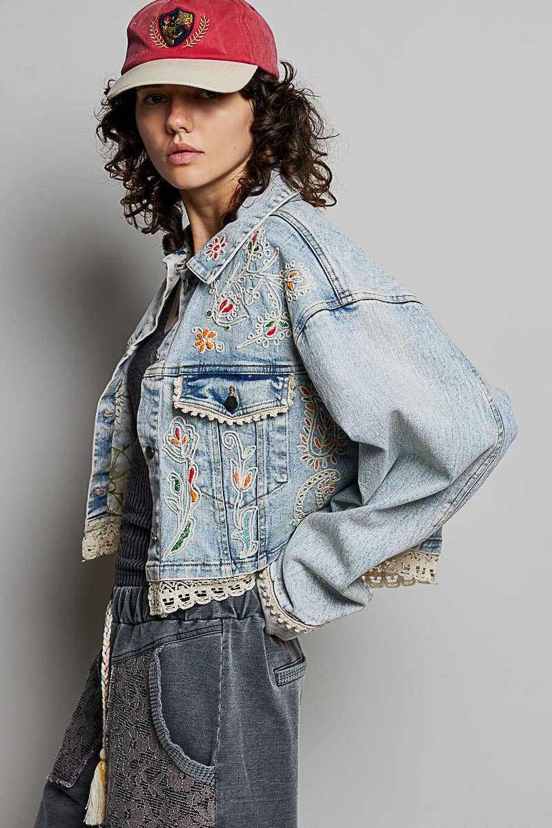 Pol Clothing Floral Embroidery Lace Trim Denim Jacket