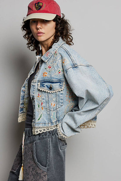 Pol Clothing Floral Embroidery Lace Trim Denim Jacket