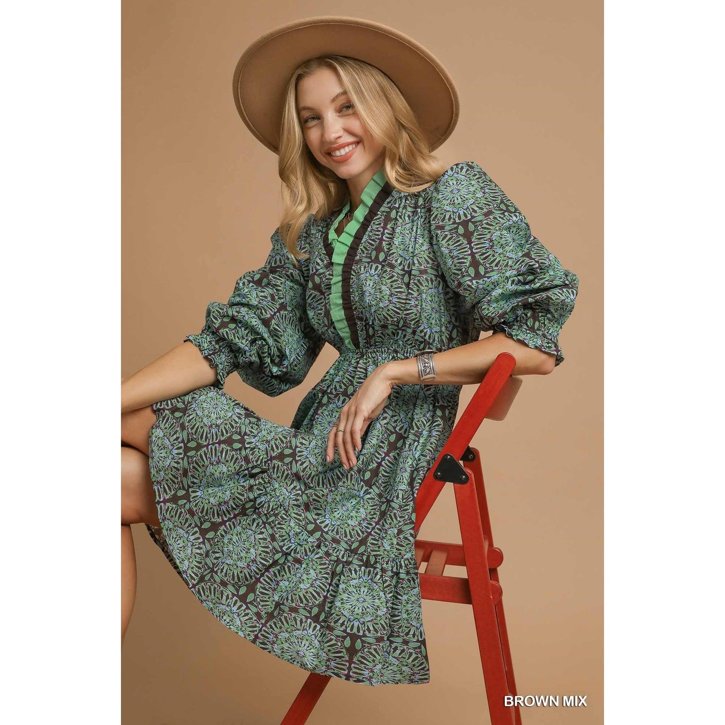 Umgee Two Tone Boho Print Long Sleeve Dress