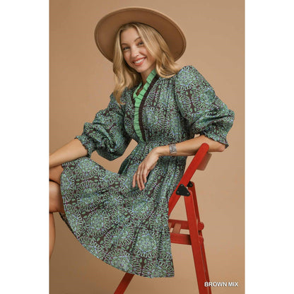 Umgee Two Tone Boho Print Long Sleeve Dress