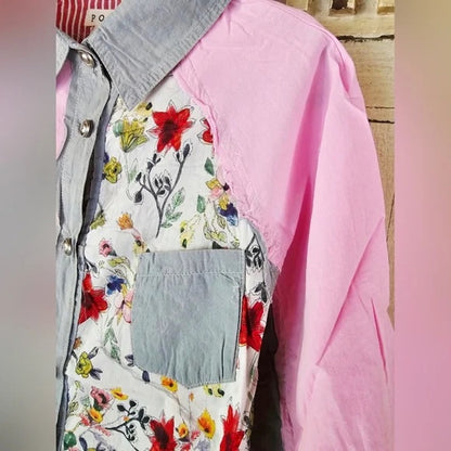 POL Clothing Patchwork Button Down Shirt Boho Floral Shirt