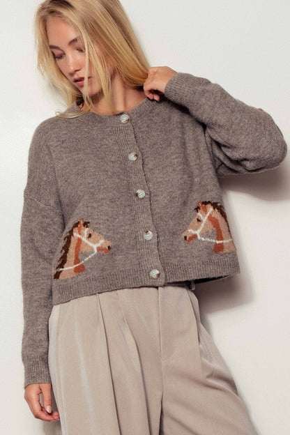 Urban Daizy Western Horse Graphic Ribbed Trim Crew Neck Cardigan