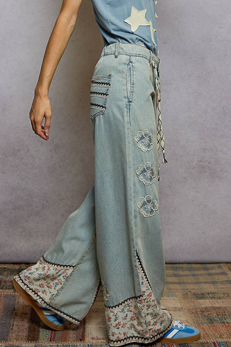 Pol Clothing Floral patches embroidery elastic band casual pant