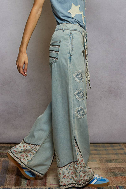 Pol Clothing Floral patches embroidery elastic band casual pant