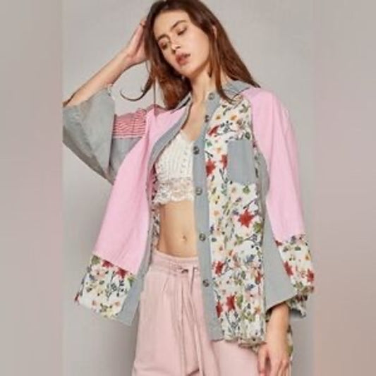 POL Clothing Patchwork Button Down Shirt Boho Floral Shirt