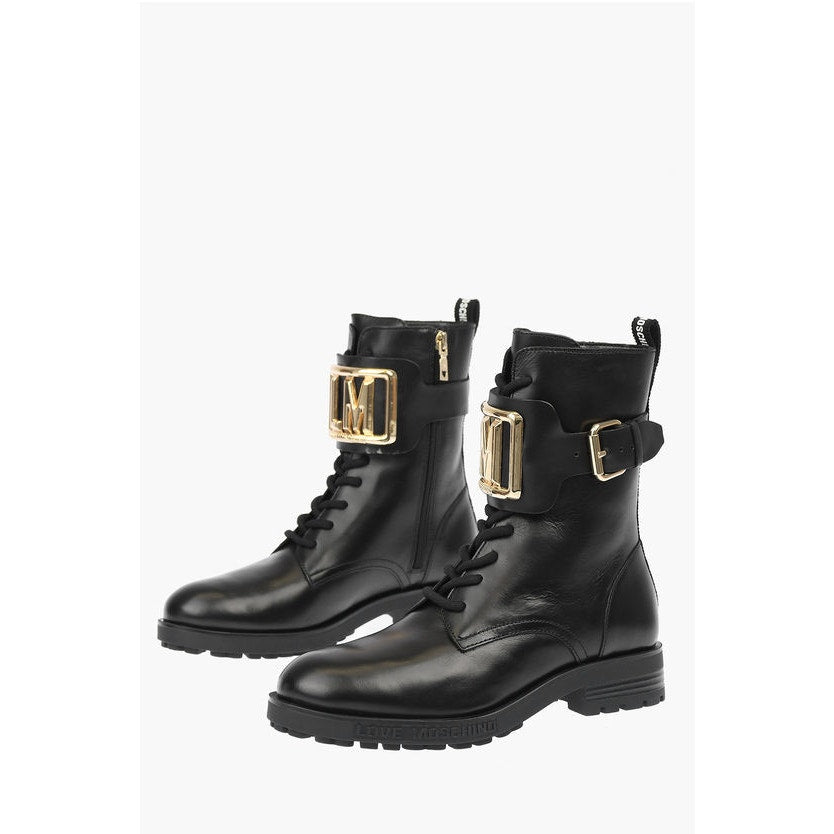 Moschino Women’s Love Leather Combat Boots with Side Zip and Golden Detail