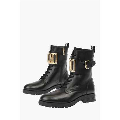 Moschino Women’s Love Leather Combat Boots with Side Zip and Golden Detail