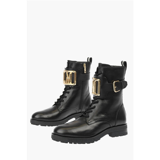 Moschino Women’s Love Leather Combat Boots with Side Zip and Golden Detail