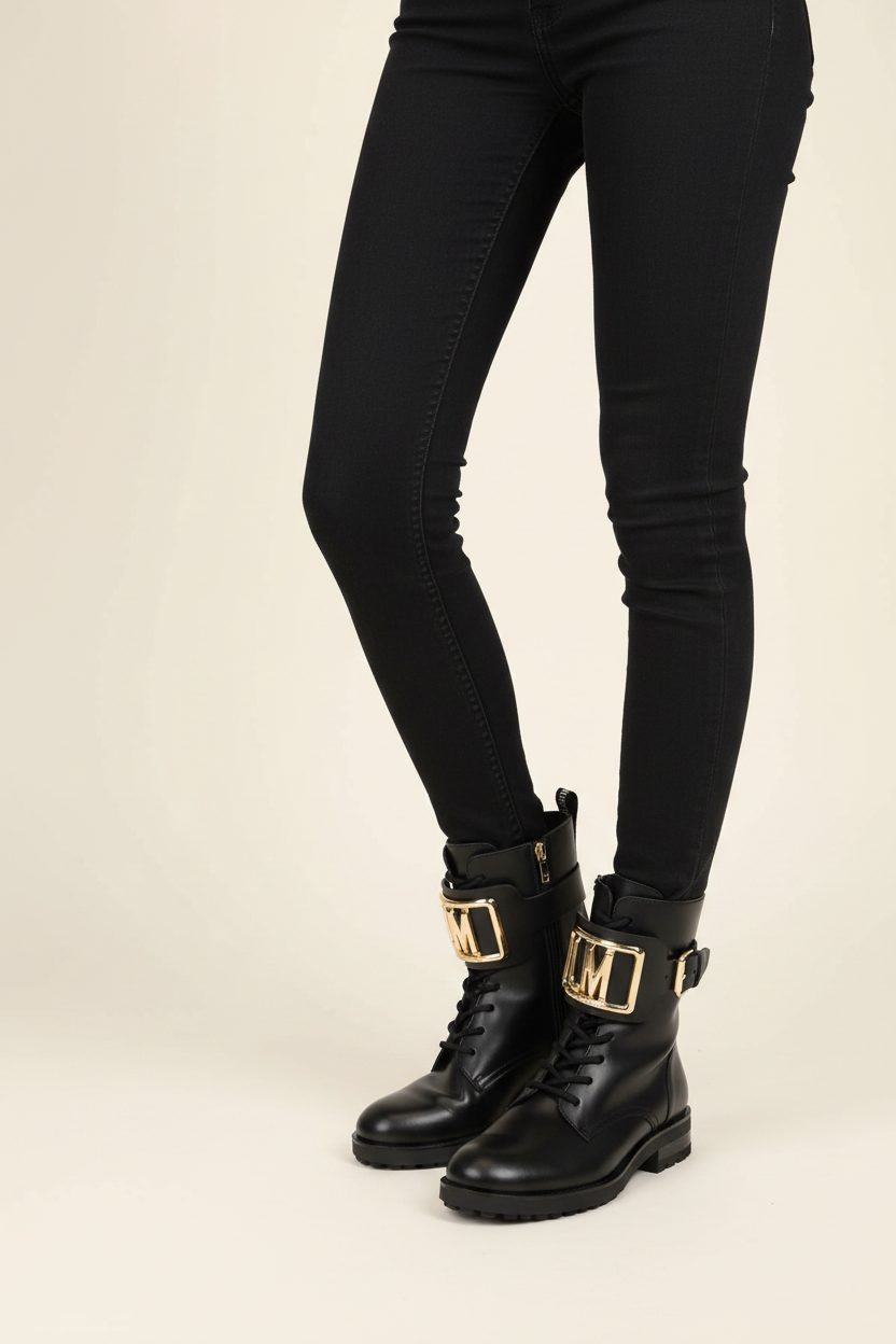 Moschino Women’s Love Leather Combat Boots with Side Zip and Golden Detail