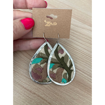 Turquoise Flower Embroidery Silver Teardrop Earrings