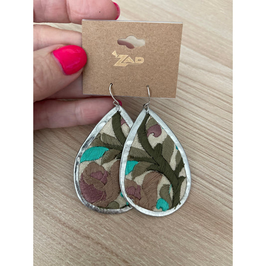 Turquoise Flower Embroidery Silver Teardrop Earrings