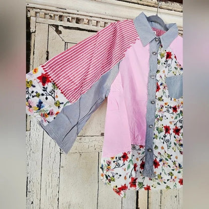 POL Clothing Patchwork Button Down Shirt Boho Floral Shirt