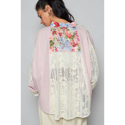 POL Pink Multi Lace Button Front Top